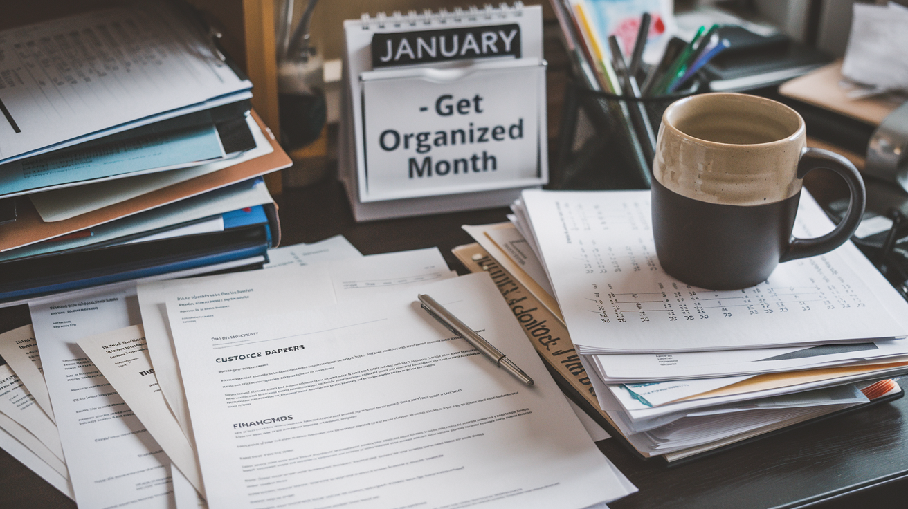 a desk with a January calendar that says get organized